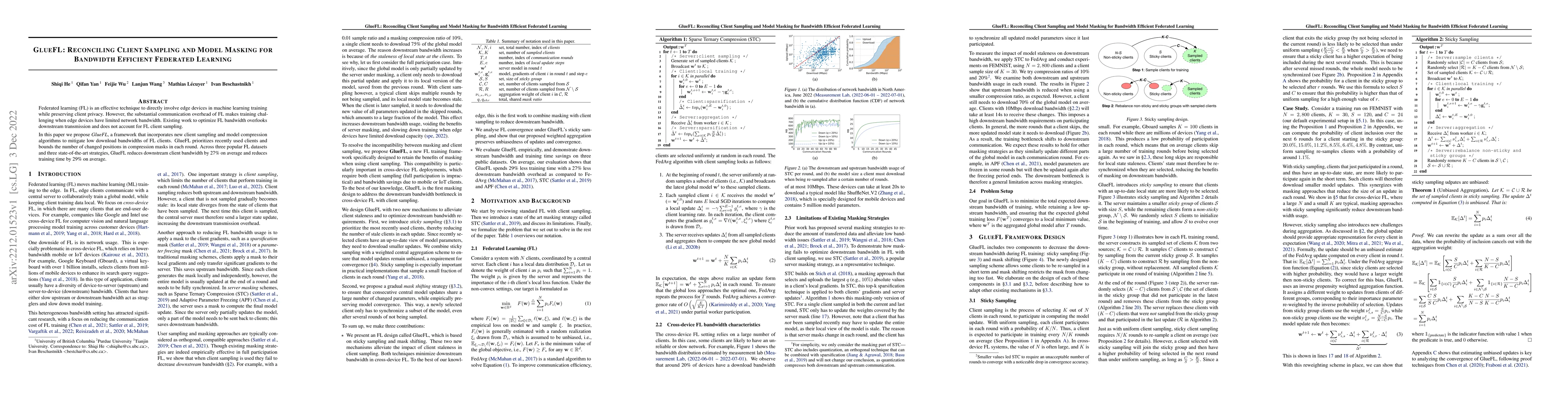 Thumbnail for GlueFL: Reconciling Client Sampling and Model Masking for Bandwidth
  Efficient Federated Learning