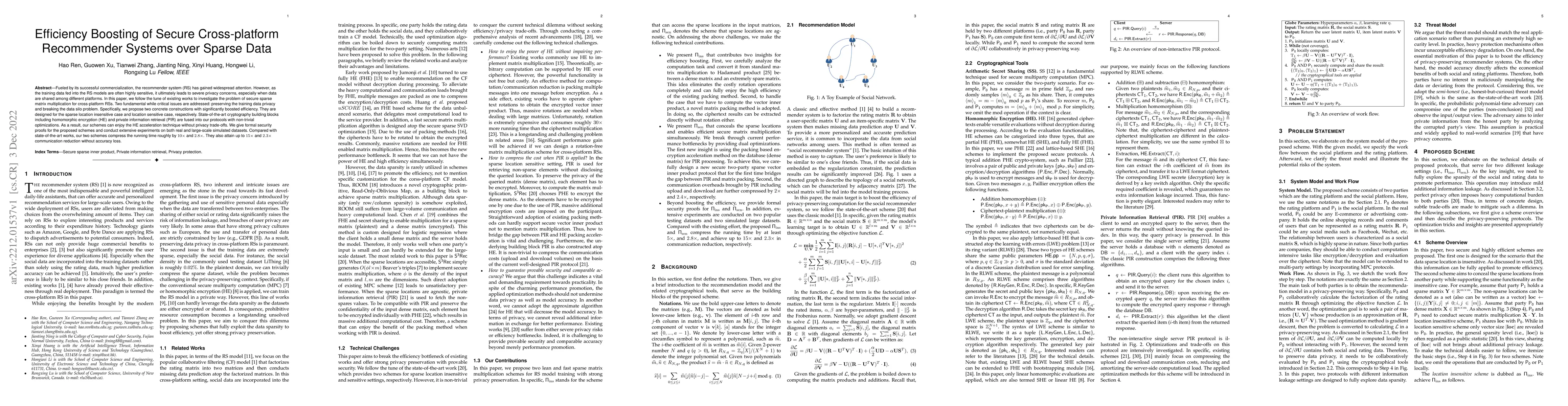 Thumbnail for Efficiency Boosting of Secure Cross-platform Recommender Systems over
  Sparse Data