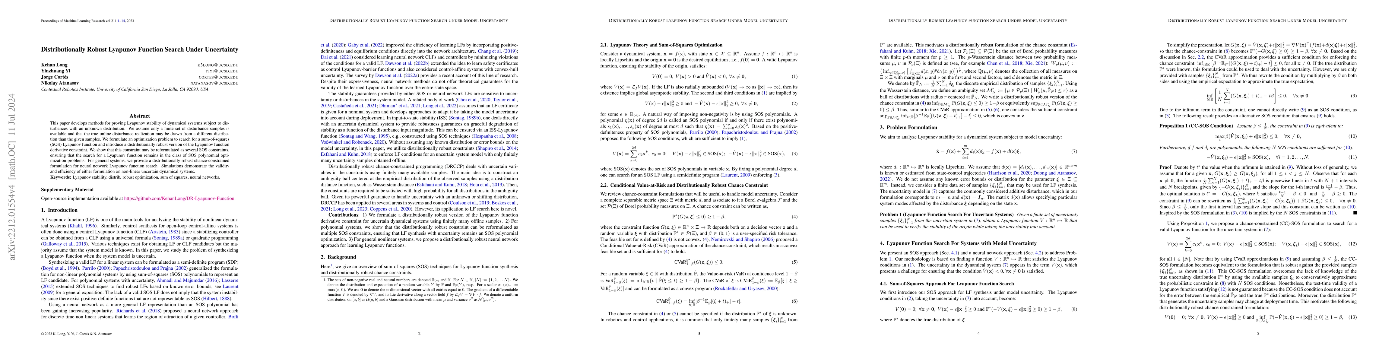 Thumbnail for Distributionally Robust Lyapunov Function Search Under Uncertainty