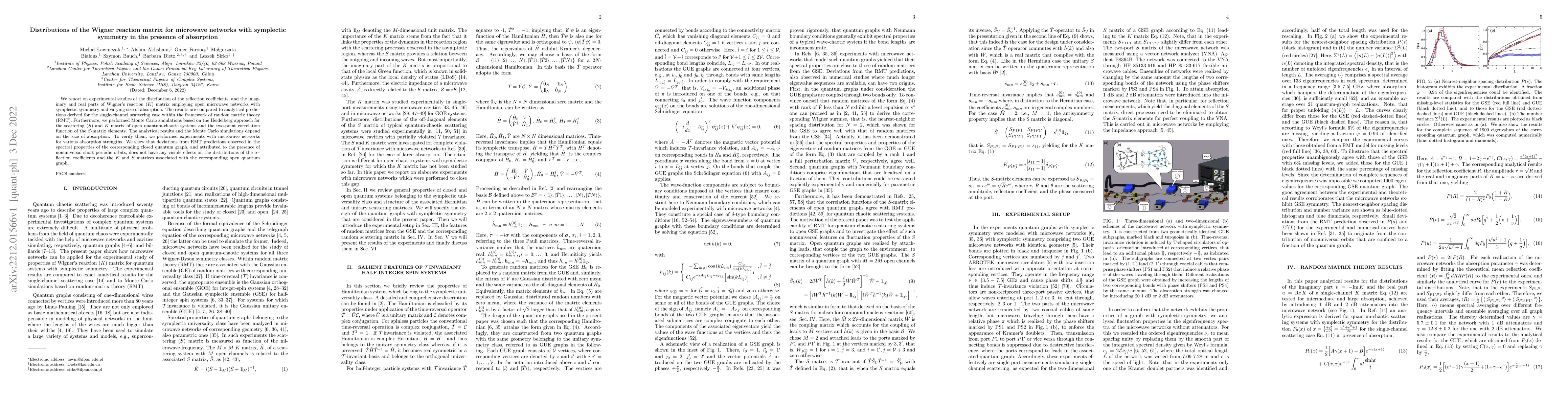 Thumbnail for Distributions of the Wigner reaction matrix for microwave networks with
  symplectic symmetry in the presence of absorption