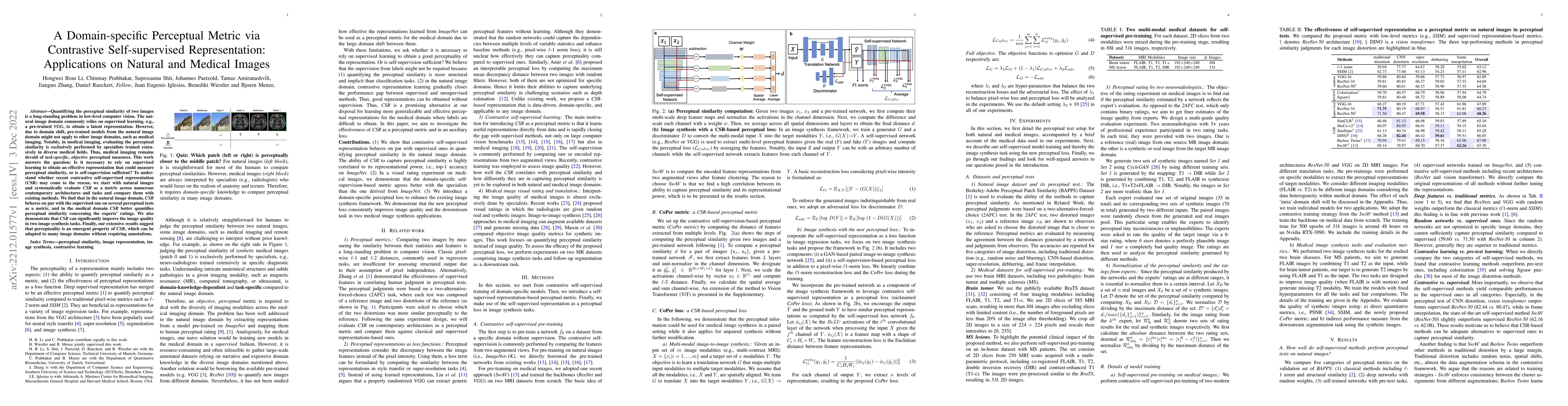 Thumbnail for A Domain-specific Perceptual Metric via Contrastive Self-supervised
  Representation: Applications on Natural and Medical Images