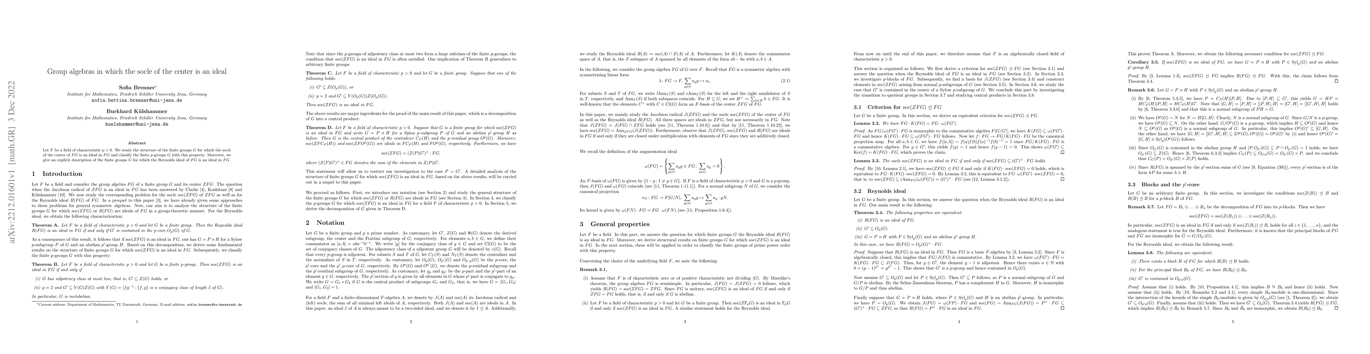 Thumbnail for Group algebras in which the socle of the center is an ideal