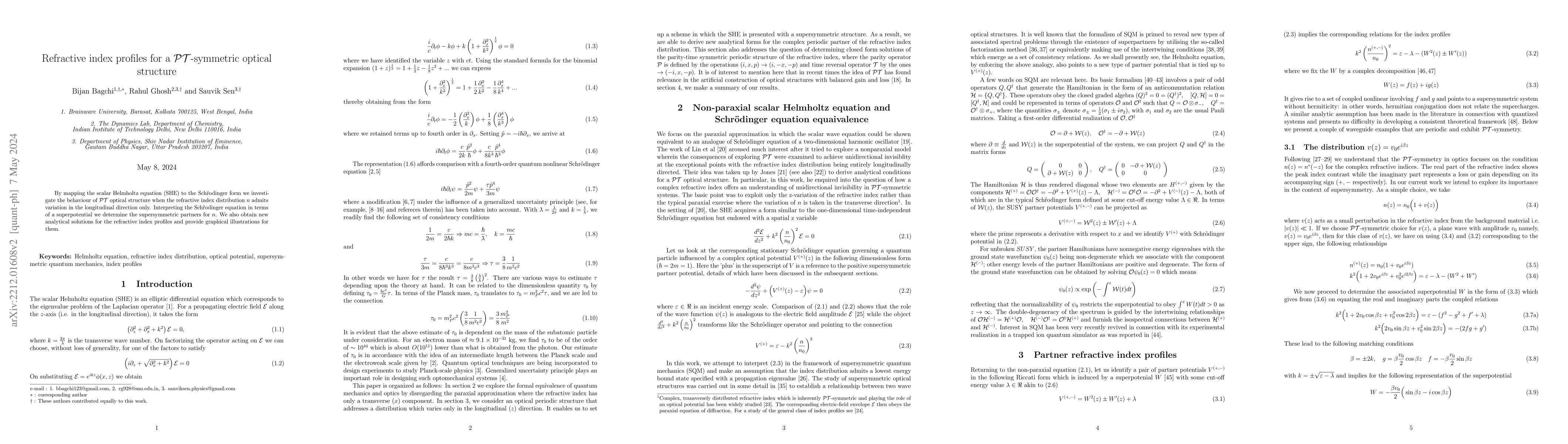Thumbnail for Refractive index profiles for a $\mathcal{PT}$-symmetric optical
  structure