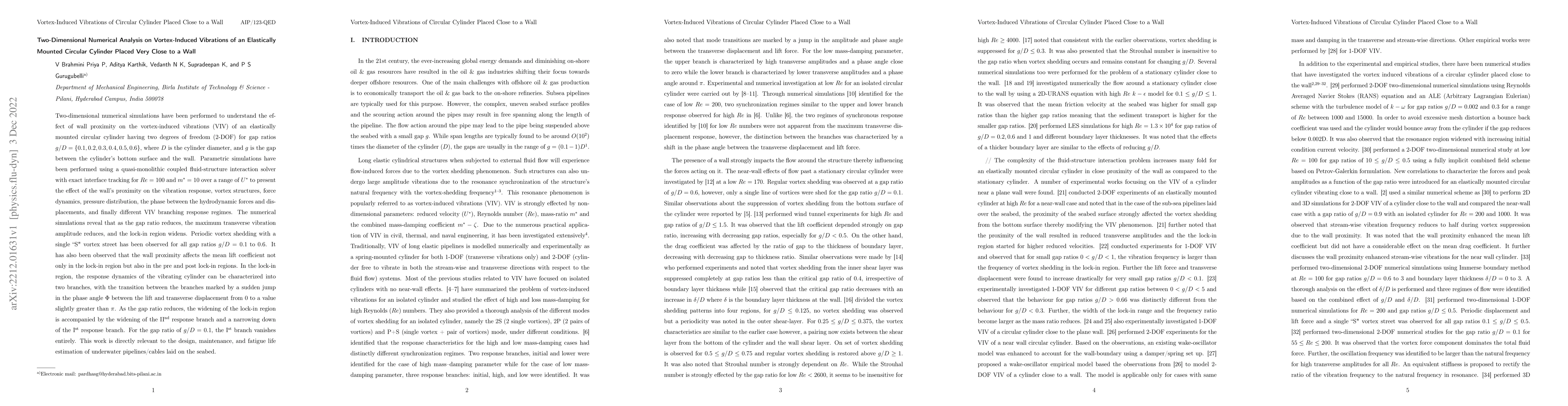Thumbnail for Two-Dimensional Numerical Analysis on Vortex-Induced Vibrations of an
  Elastically Mounted Circular Cylinder Placed Very Close to a Wall
