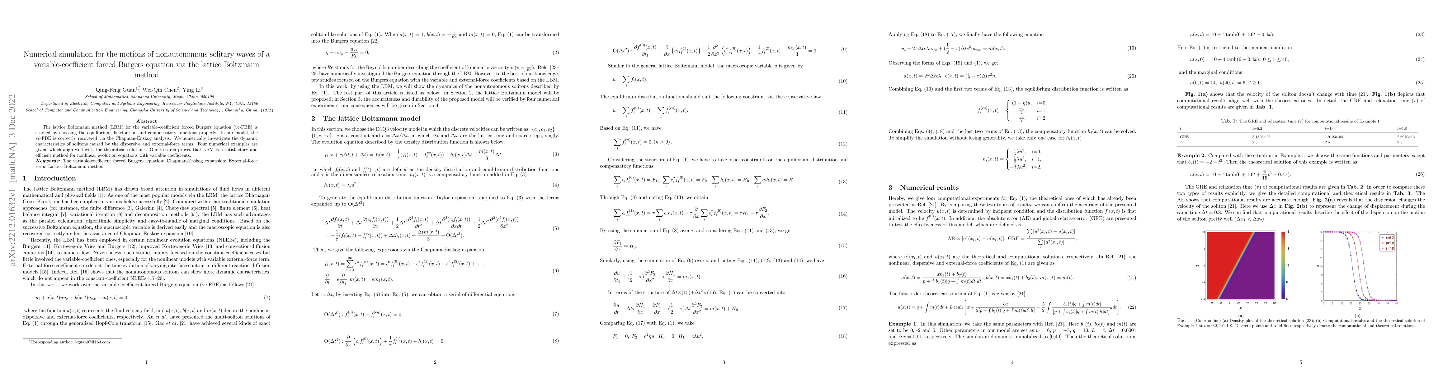 Thumbnail for Numerical simulation for the motions of nonautonomous solitary waves of
  a variable-coefficient forced Burgers equation via the lattice Boltzmann
  method