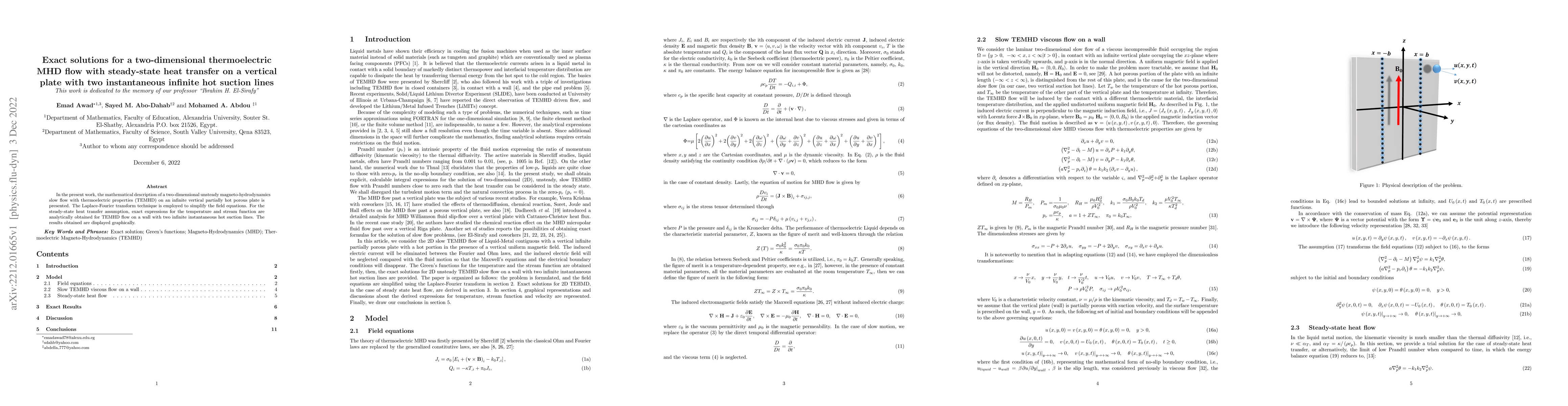 Thumbnail for Exact solutions for a two-dimensional thermoelectric MHD flow with
  steady-state heat transfer on a vertical plate with two instantaneous
  infinite hot suction lines