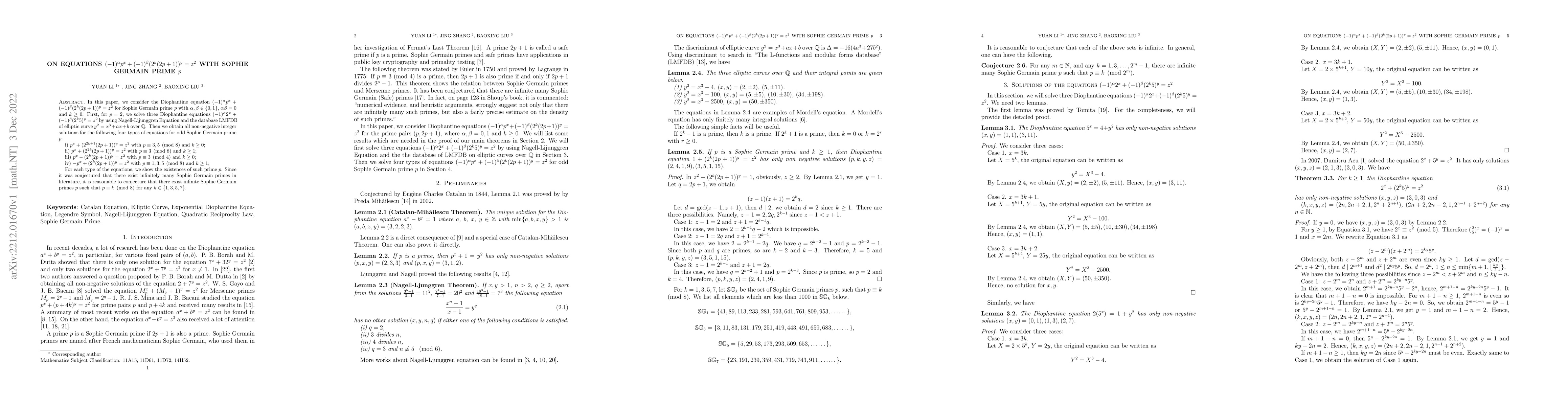 Thumbnail for On equations $(-1)^{\alpha}p^x+(-1)^{\beta}(2^k(2p+1))^y=z^2$ with
  Sophie Germain prime $p$