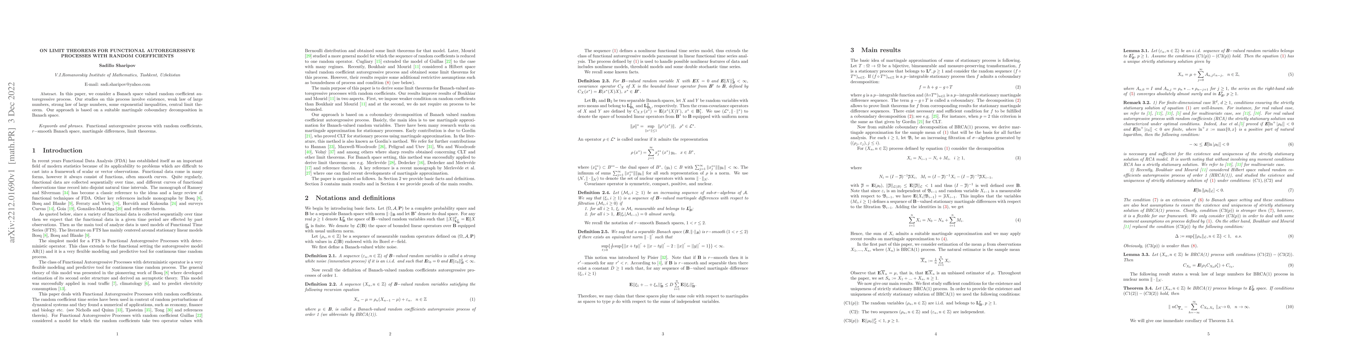 Thumbnail for On limit theorems for functional autoregressive processes with random
  coefficients