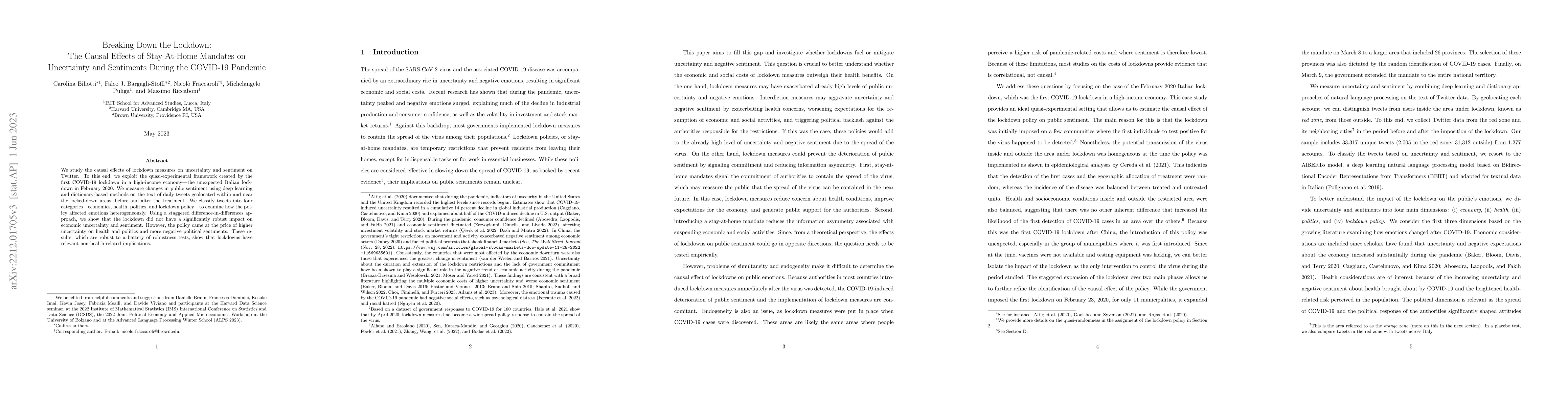 Thumbnail for Breaking Down the Lockdown: The Causal Effects of Stay-At-Home Mandates
  on Uncertainty and Sentiments During the COVID-19 Pandemic