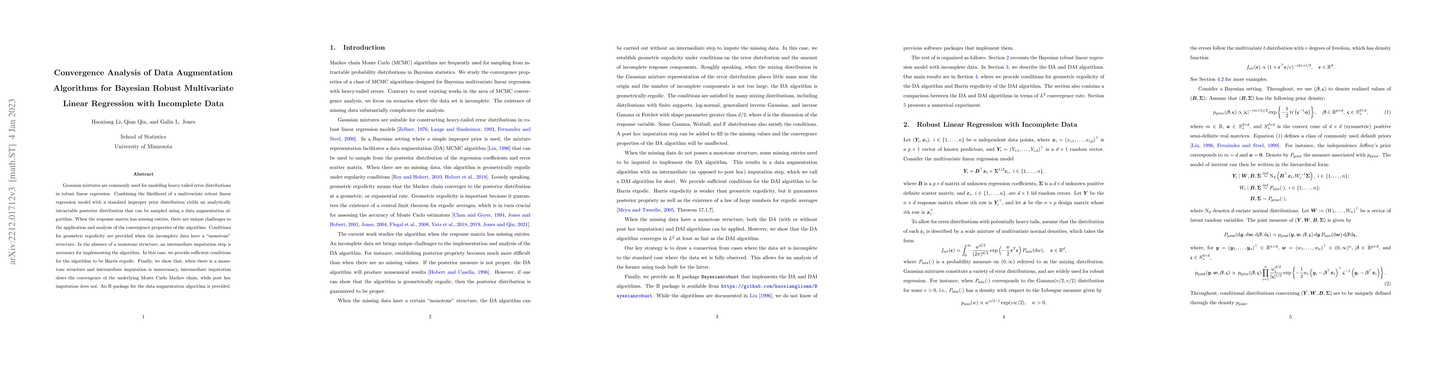 Thumbnail for Convergence Analysis of Data Augmentation Algorithms for Bayesian Robust
  Multivariate Linear Regression with Incomplete Data
