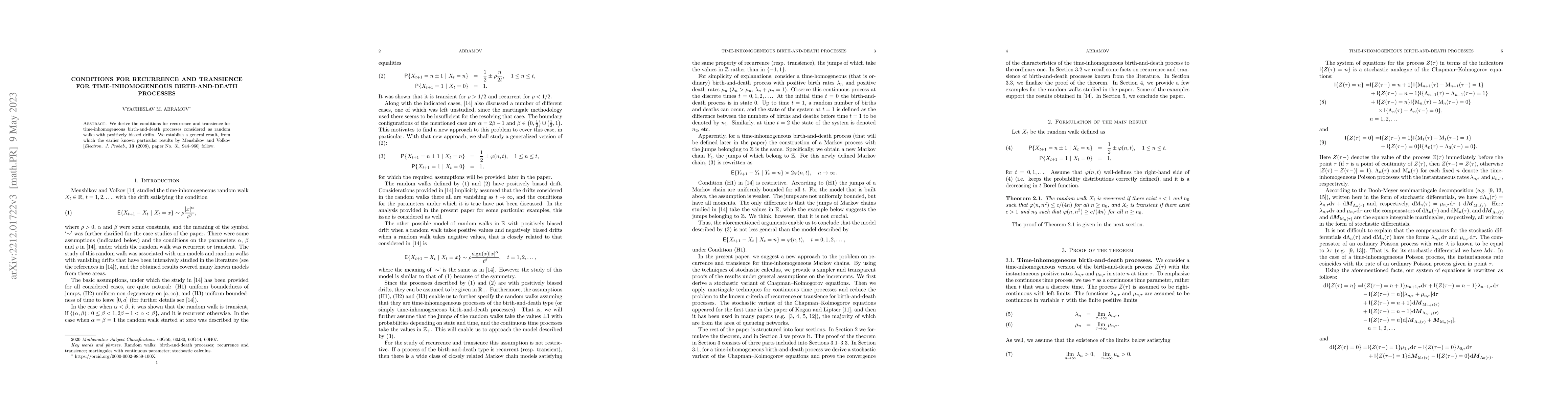 Thumbnail for Conditions for recurrence and transience for time-inhomogeneous
  birth-and-death processes