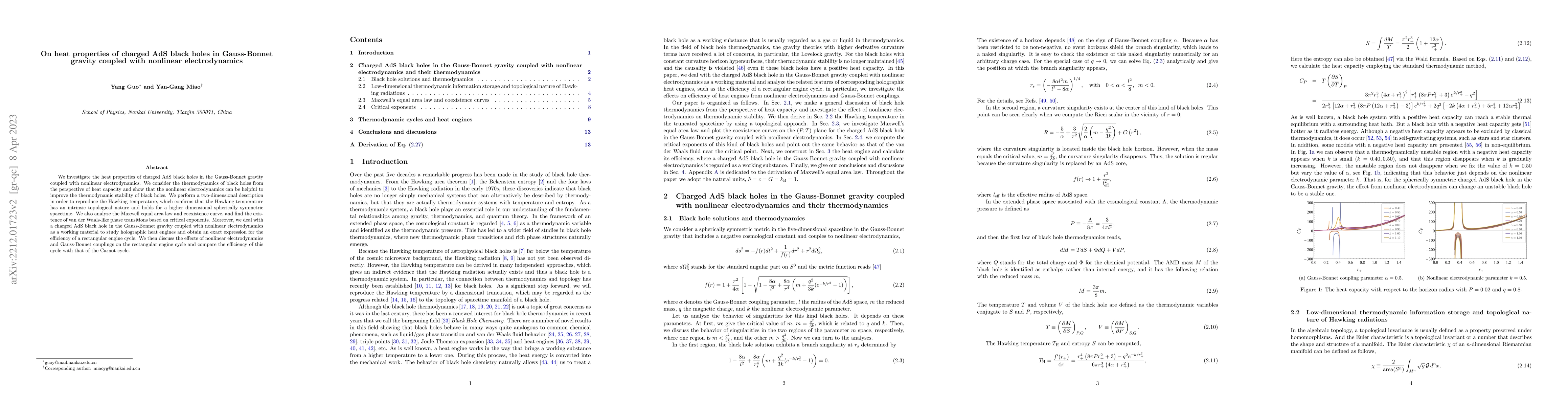 Thumbnail for On heat properties of charged AdS black holes in Gauss-Bonnet gravity
  coupled with nonlinear electrodynamics