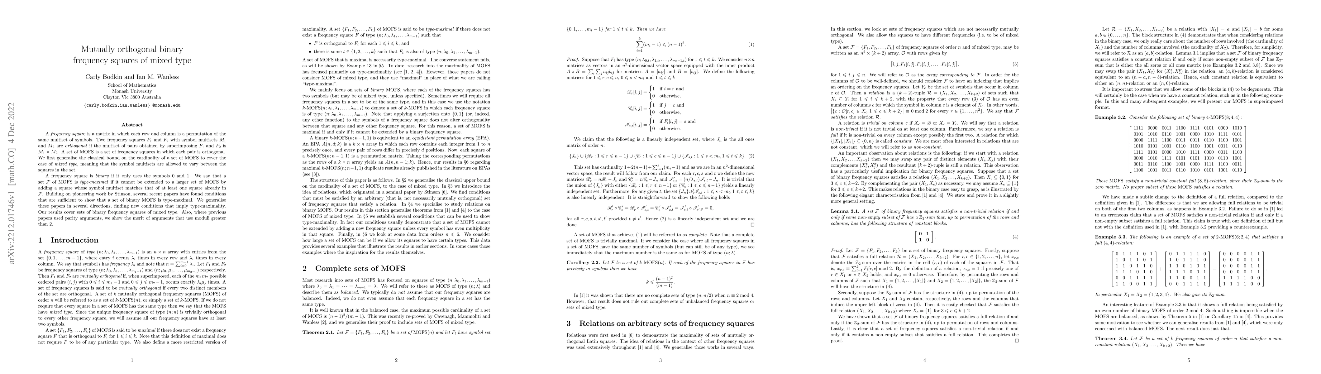 Thumbnail for Mutually orthogonal binary frequency squares of mixed type