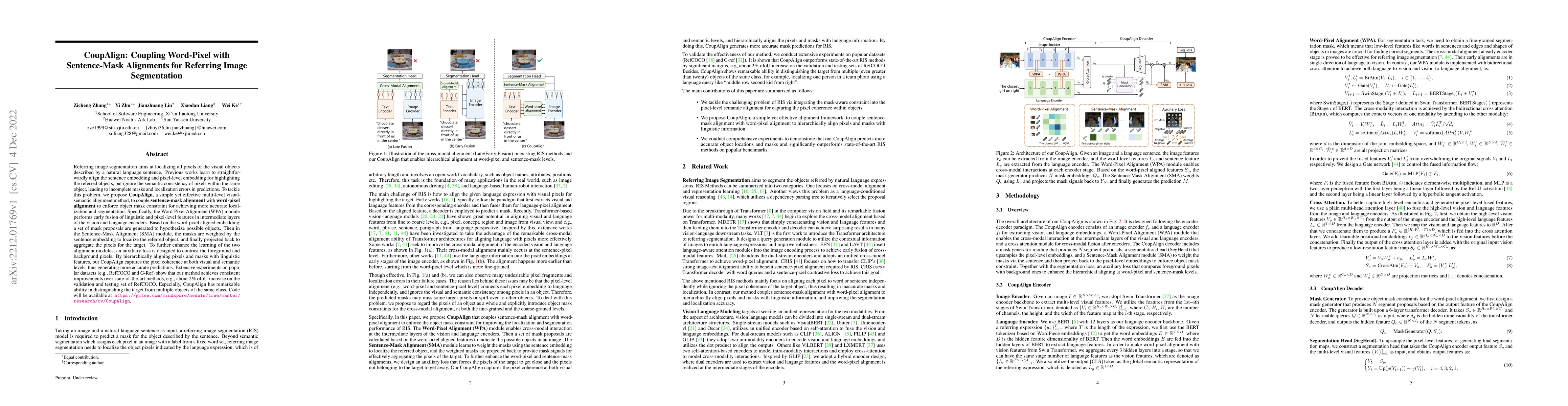 Thumbnail for CoupAlign: Coupling Word-Pixel with Sentence-Mask Alignments for
  Referring Image Segmentation
