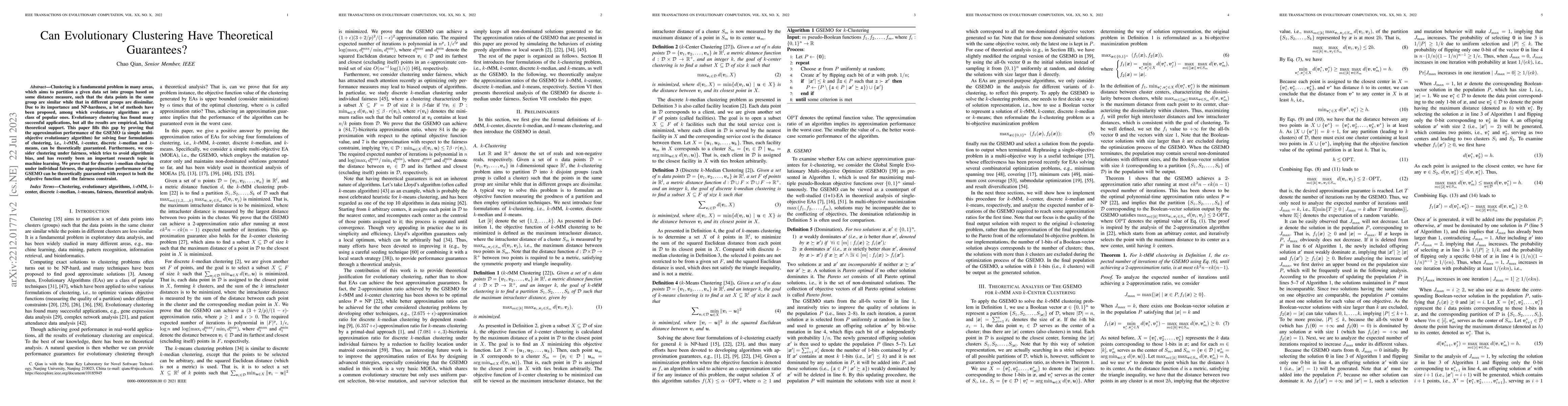 Thumbnail for Can Evolutionary Clustering Have Theoretical Guarantees?