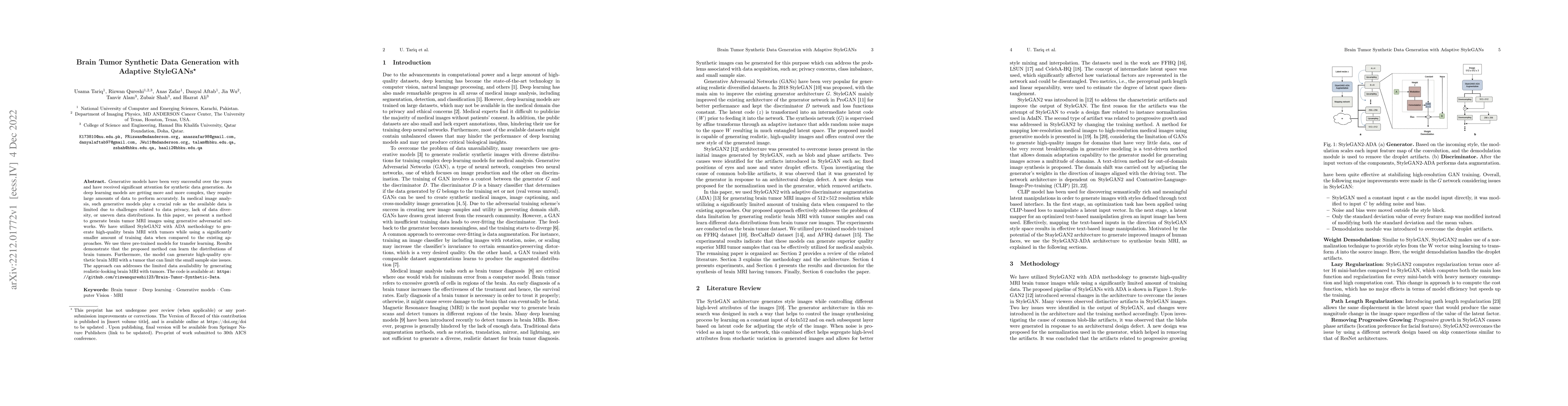 Thumbnail for Brain Tumor Synthetic Data Generation with Adaptive StyleGANs