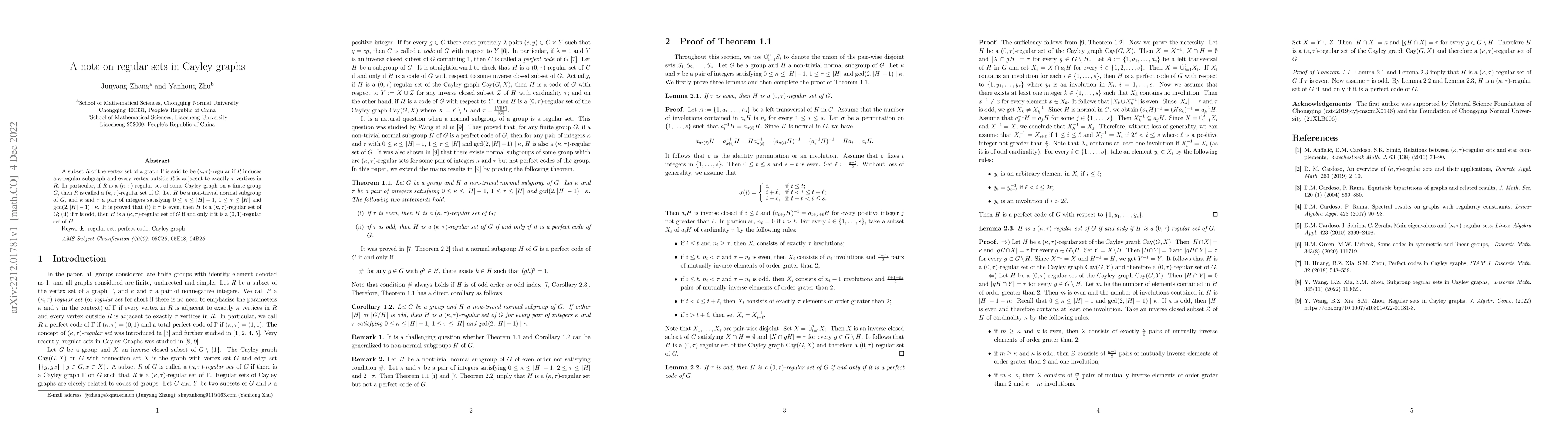 Thumbnail for A note on regular sets in Cayley graphs