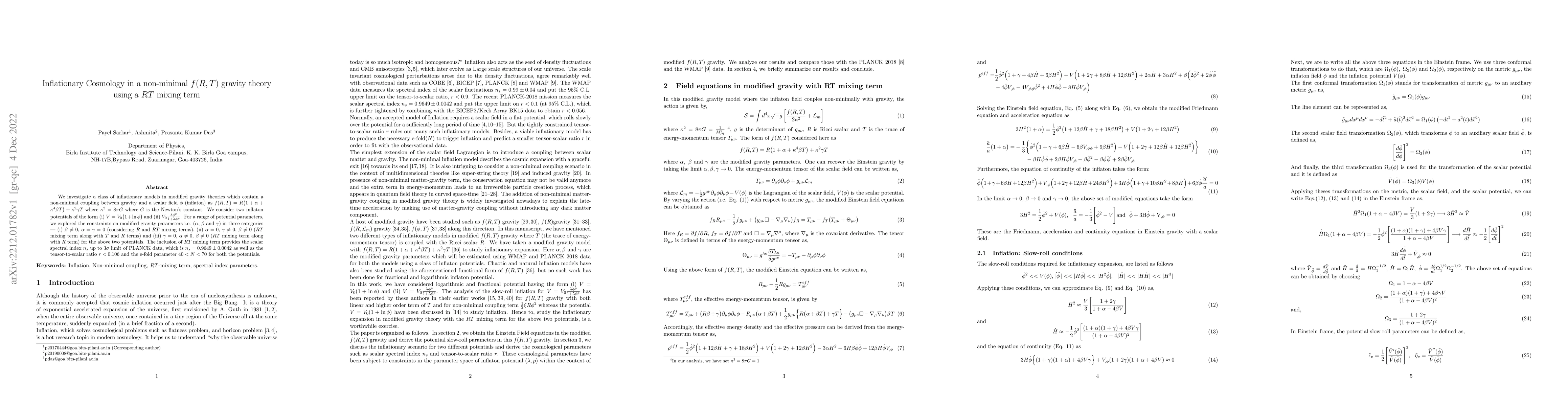 Thumbnail for Inflationary Cosmology in a non-minimal $f(R,T)$ gravity theory using a
  $RT$ mixing term