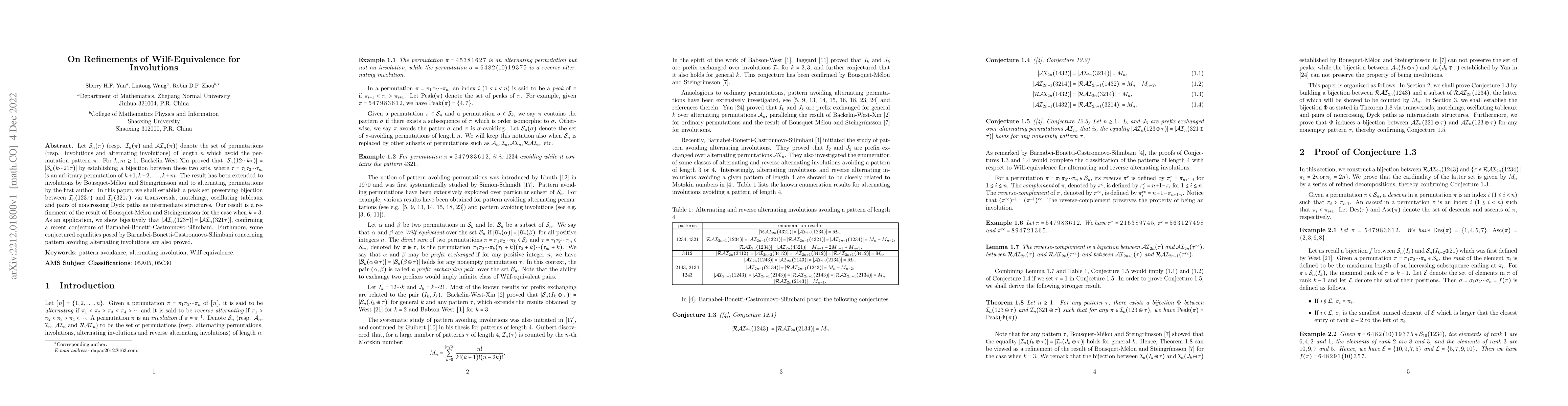 Thumbnail for On Refinements of Wilf-Equivalence for Involutions