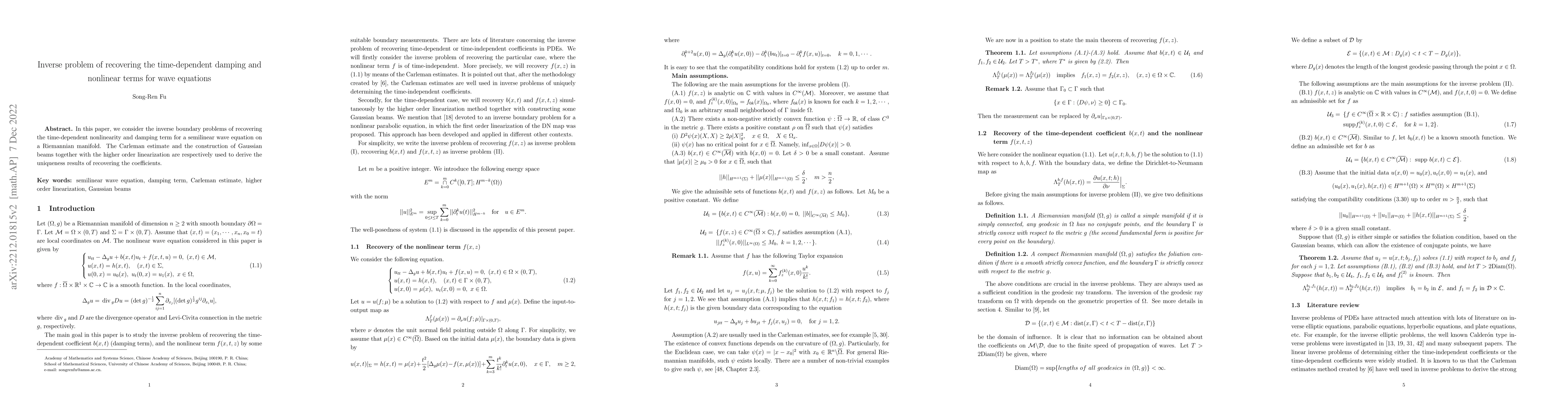 Thumbnail for Inverse problem of recovering the time-dependent damping and nonlinear
  terms for wave equations
