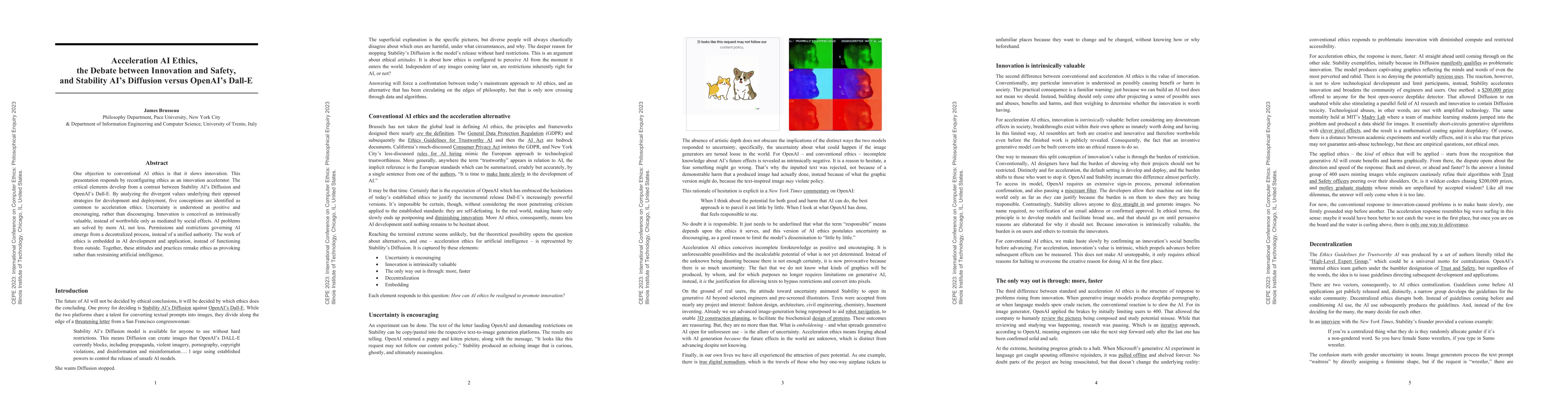 Thumbnail for Acceleration AI Ethics, the Debate between Innovation and Safety, and
  Stability AI's Diffusion versus OpenAI's Dall-E