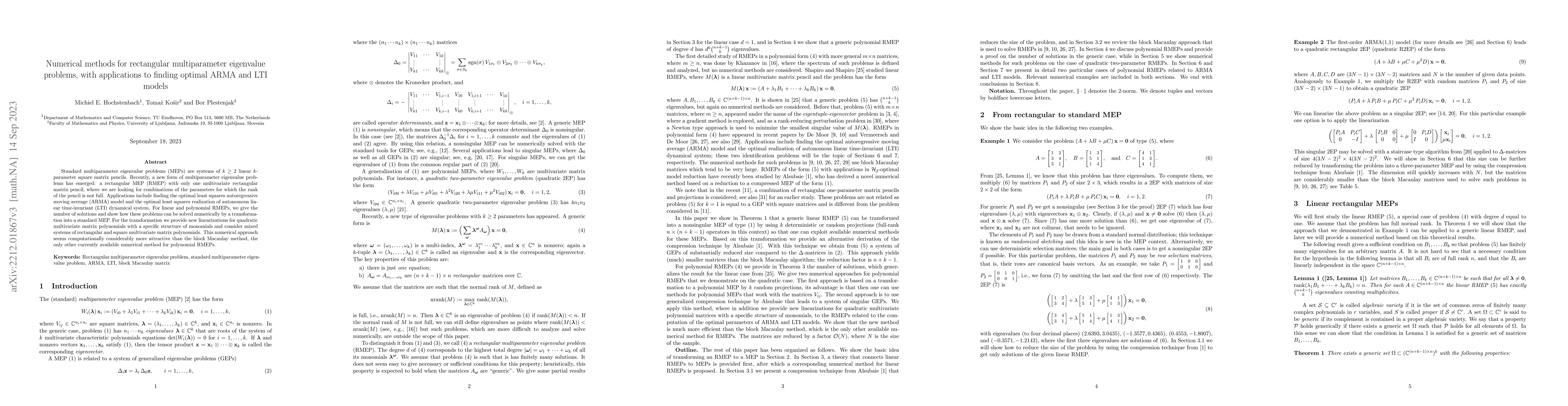 Thumbnail for Numerical methods for rectangular multiparameter eigenvalue problems,
  with applications to finding optimal ARMA and LTI models