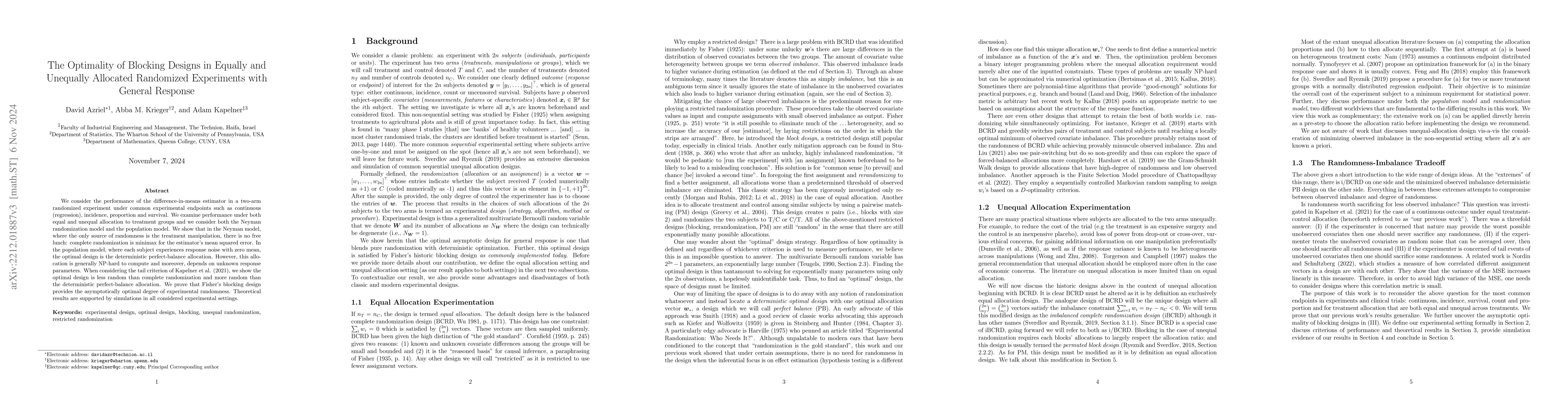 Thumbnail for The Optimality of Blocking Designs in Equally and Unequally Allocated
  Randomized Experiments with General Response