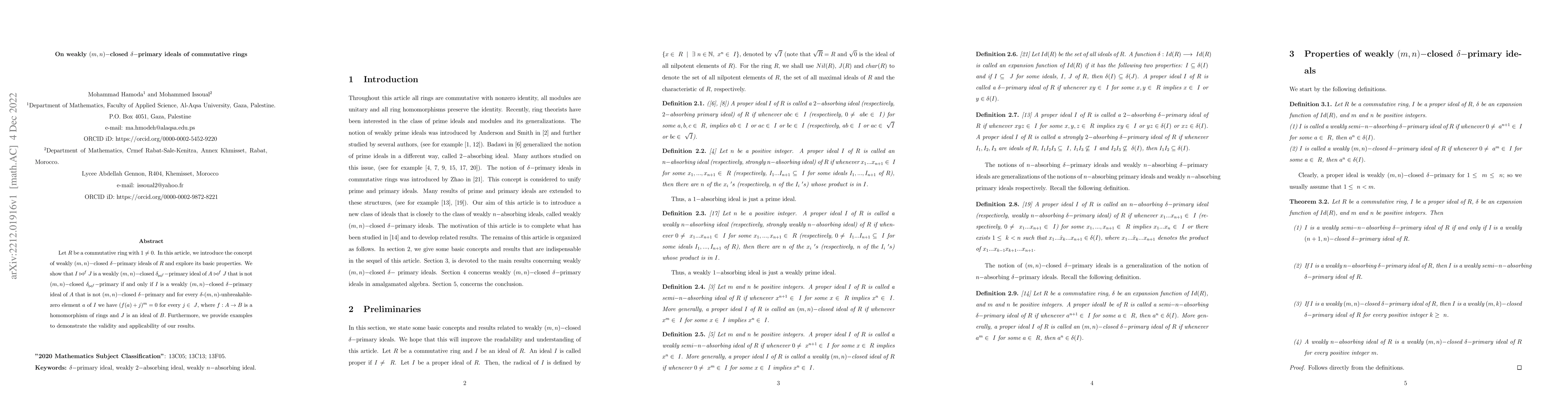 Thumbnail for On weakly $(m,n)-$closed $\delta-$primary ideals of commutative rings