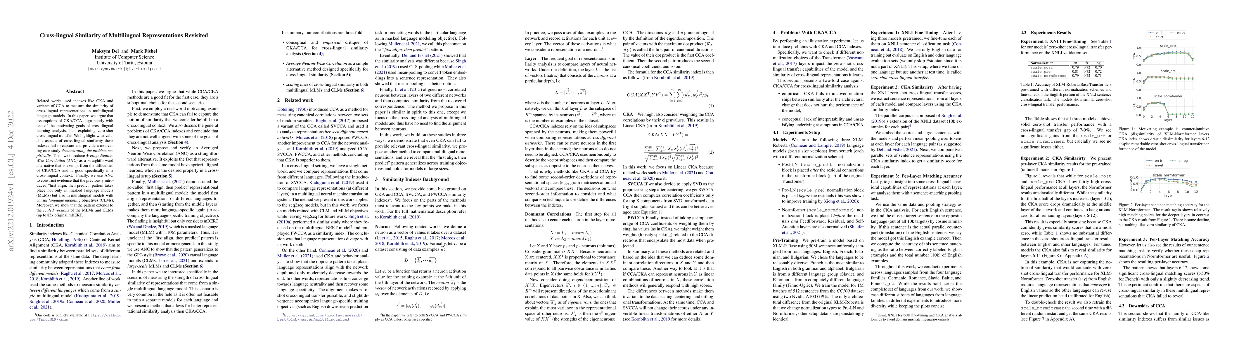 Thumbnail for Cross-lingual Similarity of Multilingual Representations Revisited