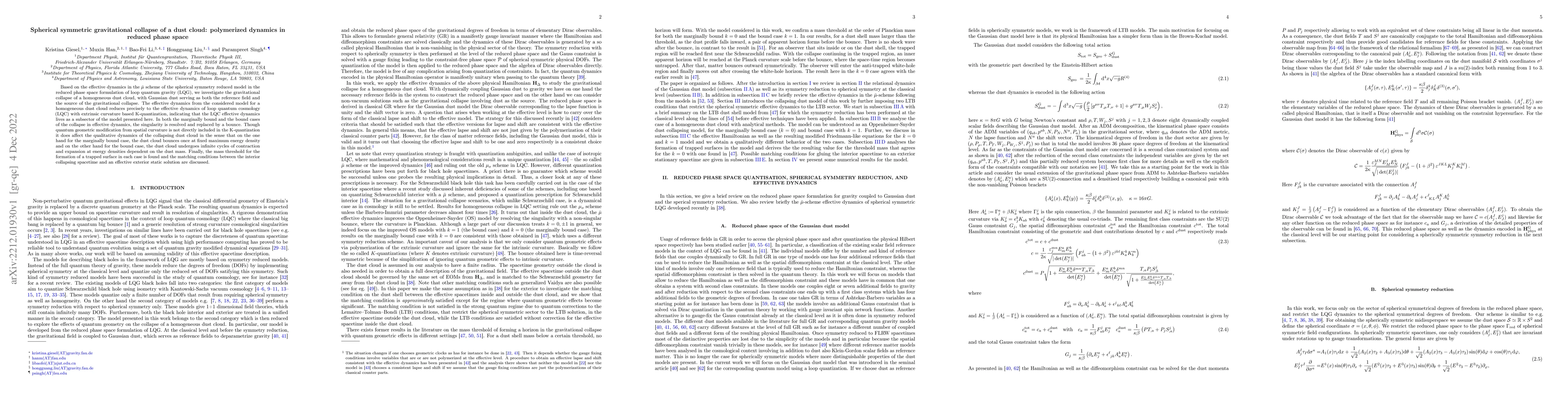 Thumbnail for Spherical symmetric gravitational collapse of a dust cloud: polymerized
  dynamics in reduced phase space