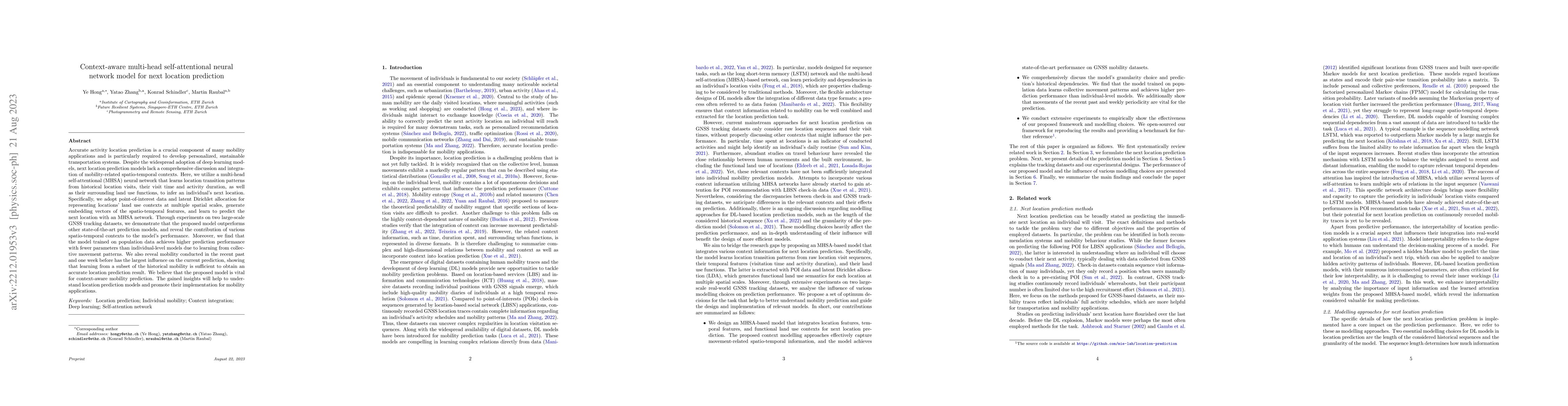 Thumbnail for Context-aware multi-head self-attentional neural network model for next
  location prediction