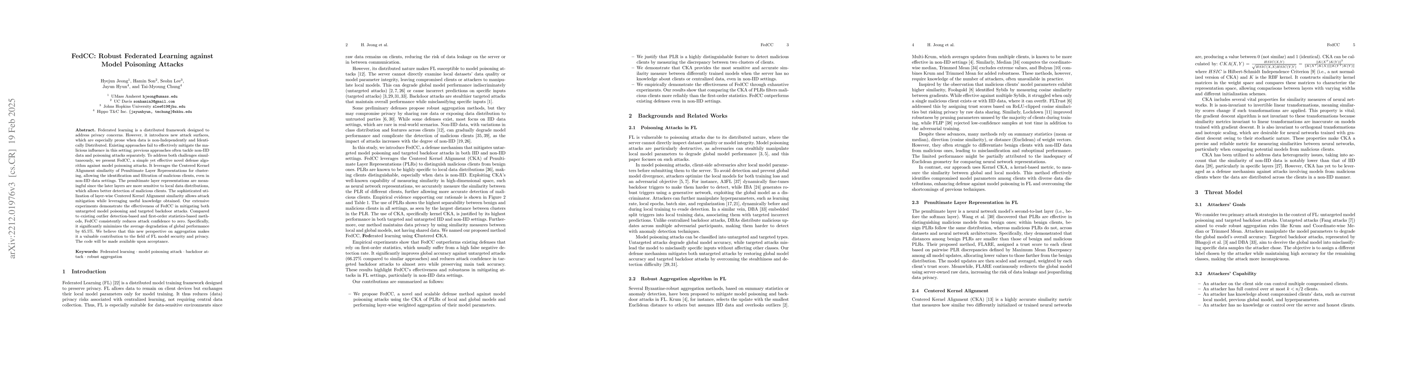 Thumbnail for FedCC: Robust Federated Learning against Model Poisoning Attacks