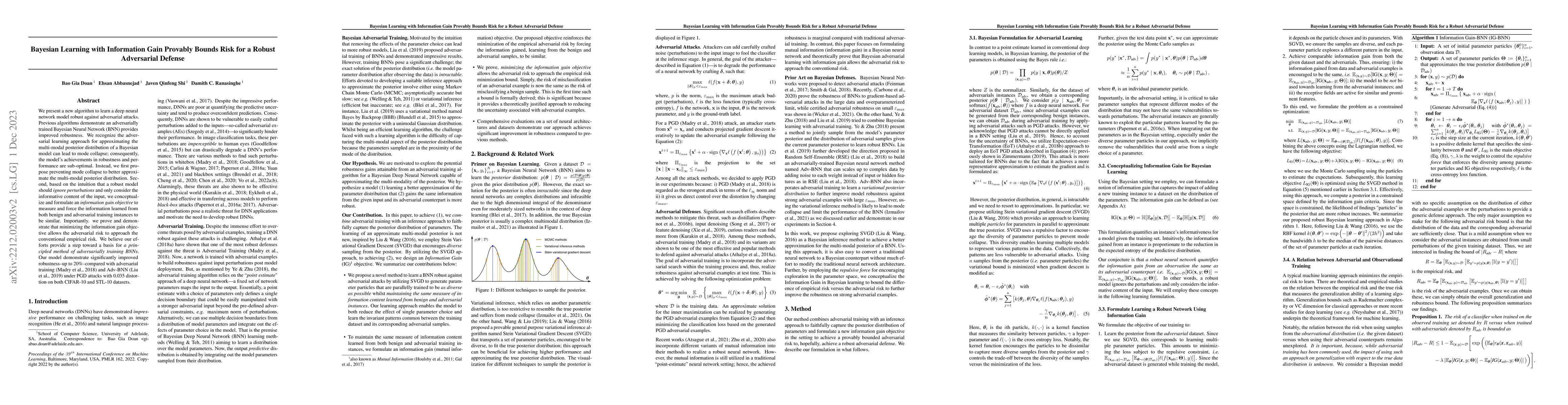Thumbnail for Bayesian Learning with Information Gain Provably Bounds Risk for a
  Robust Adversarial Defense