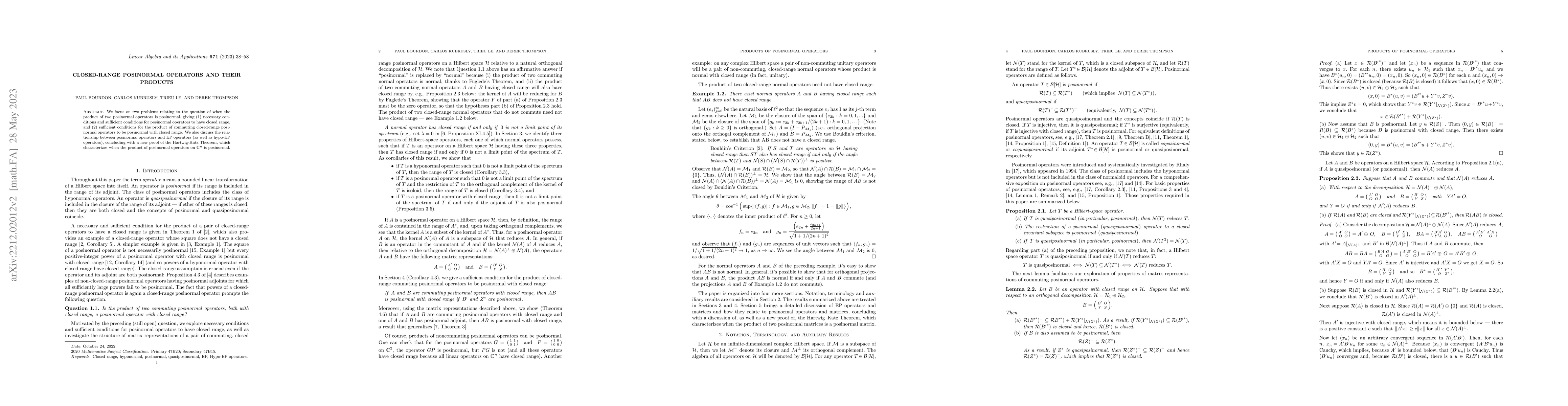 Thumbnail for Closed-range posinormal operators and their products