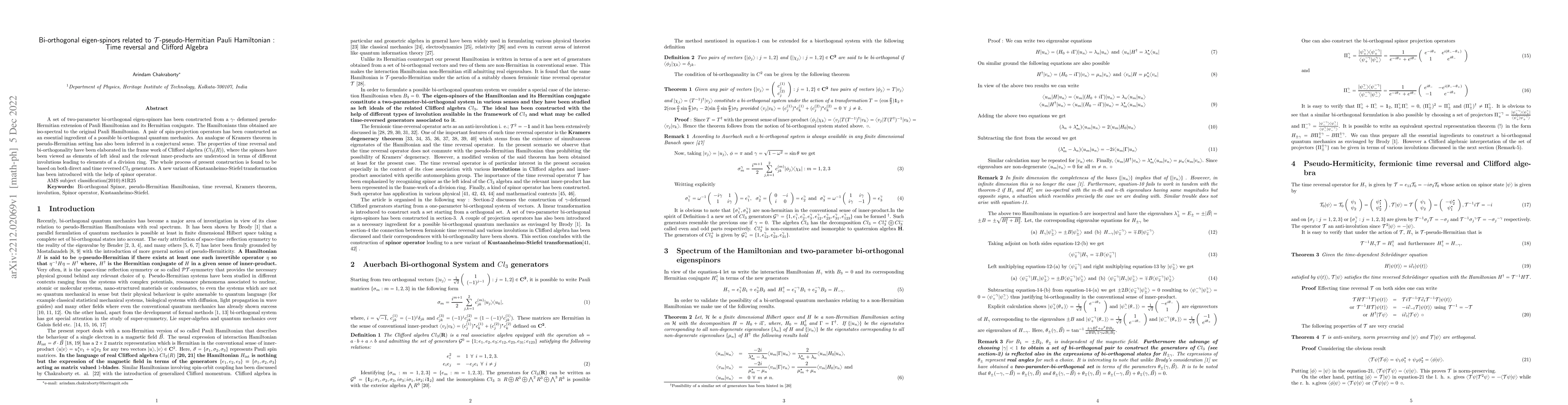 Thumbnail for Bi-orthogonal eigen-spinors related to T-pseudo-Hermitian Pauli
  Hamiltonian : Time reversal and Clifford Algebra