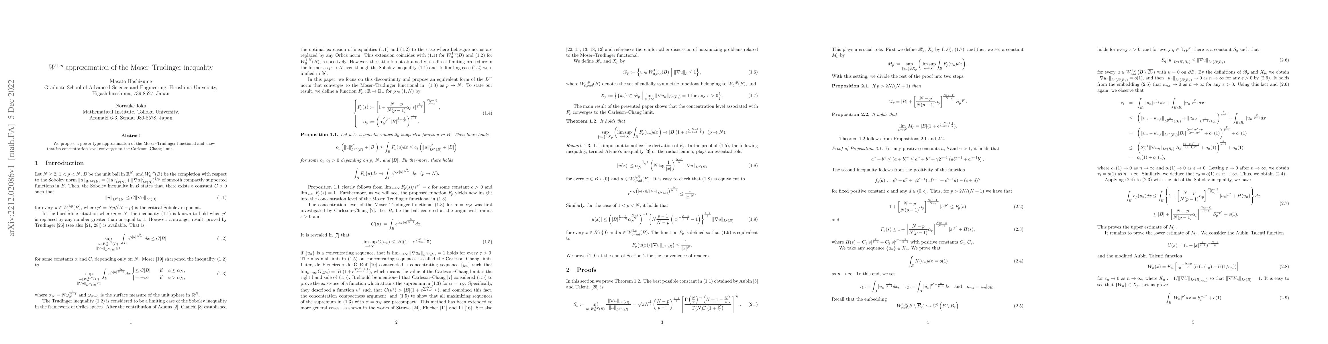 Thumbnail for $W^{1,p}$ approximation of the Moser--Trudinger inequality
