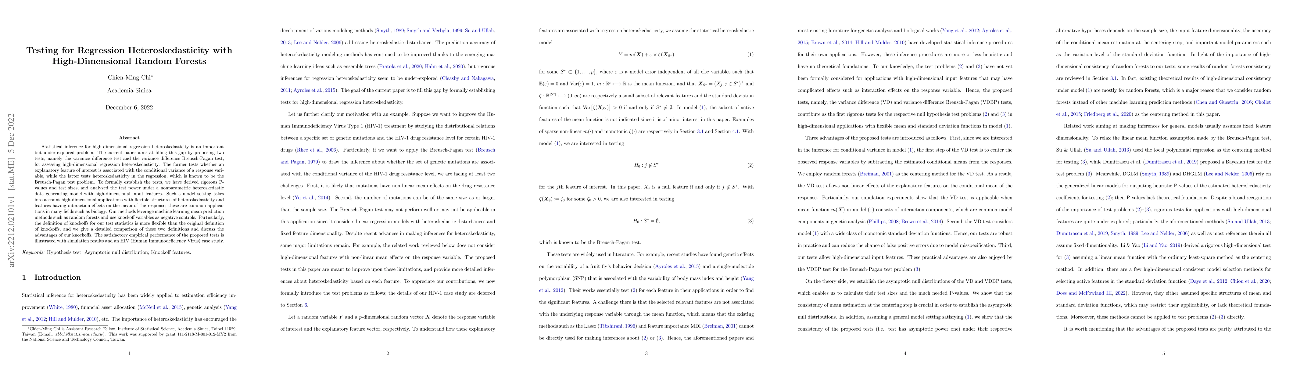 Thumbnail for Testing for Regression Heteroskedasticity with High-Dimensional Random
  Forests