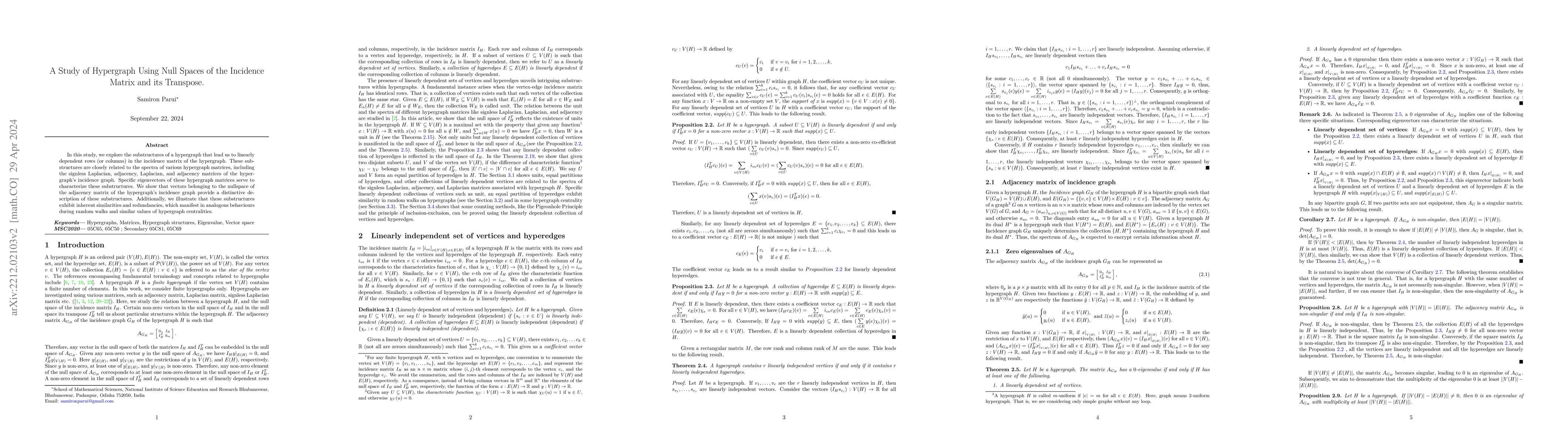 Thumbnail for A Study of Hypergraph Using Null Spaces of the Incidence Matrix and its
  Transpose