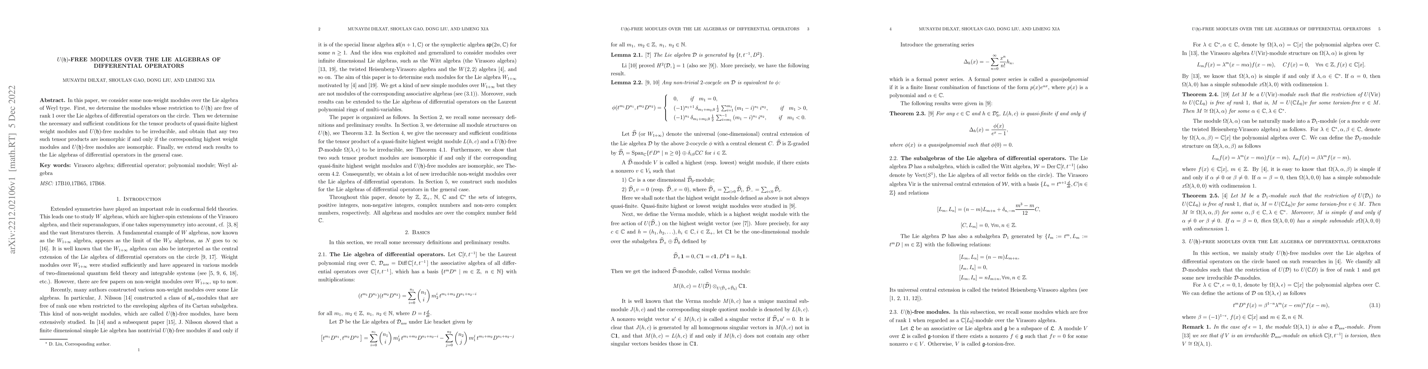 Thumbnail for $U(\frak h)$-free modules over the Lie algebras of differential
  operators