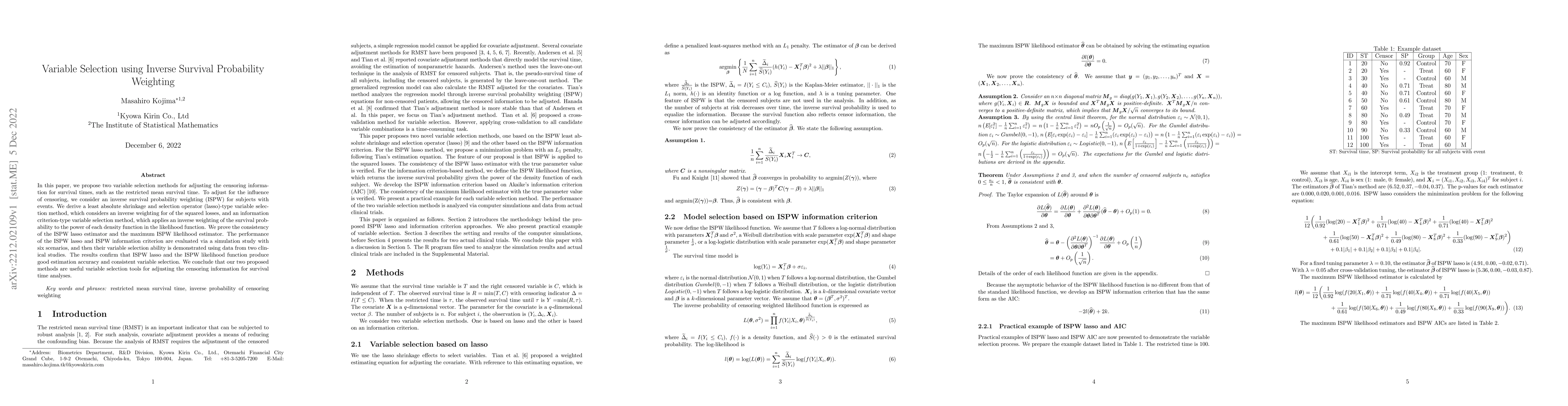 Thumbnail for Variable Selection using Inverse Survival Probability Weighting