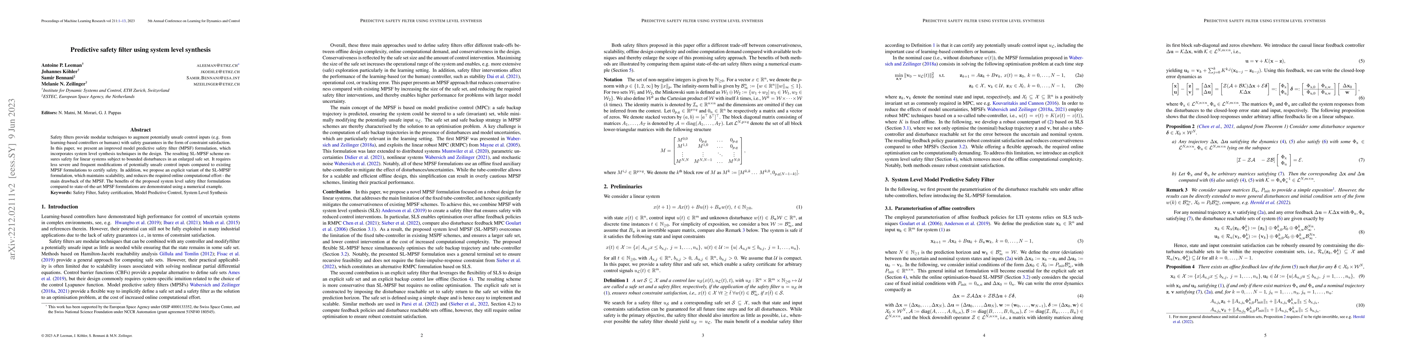 Thumbnail for Predictive safety filter using system level synthesis