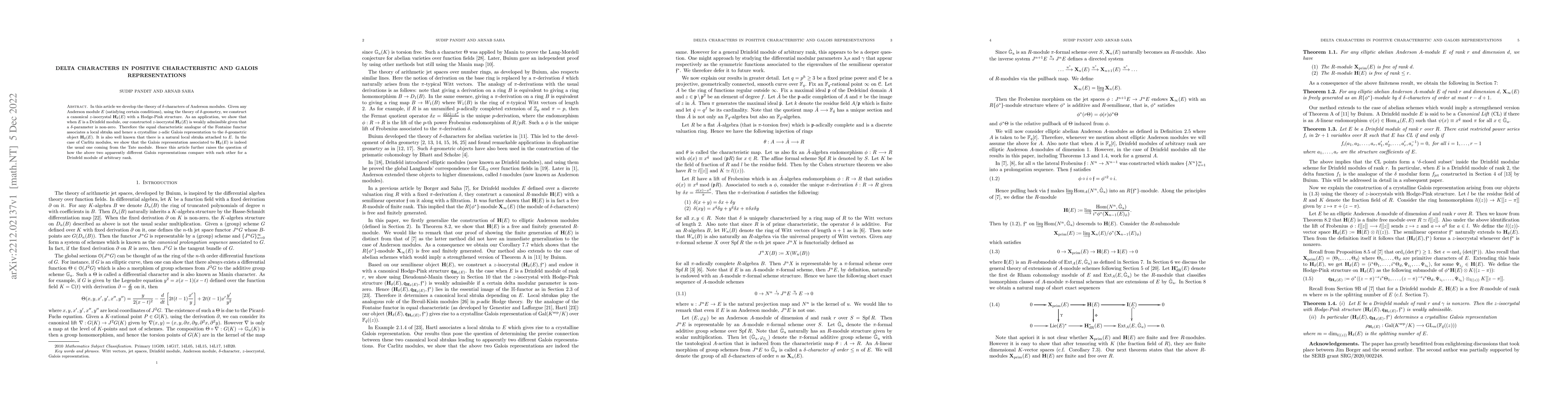 Thumbnail for Delta Characters in Positive Characteristic and Galois Representations