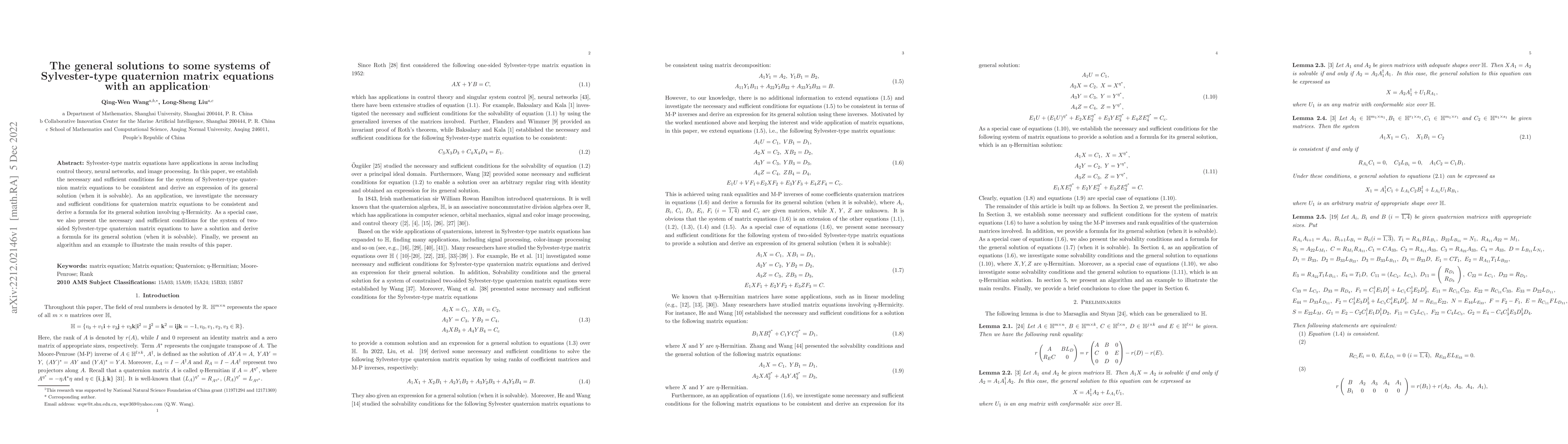 Thumbnail for The general solutions to some systems of Sylvester-type quaternion
  matrix equations with an application