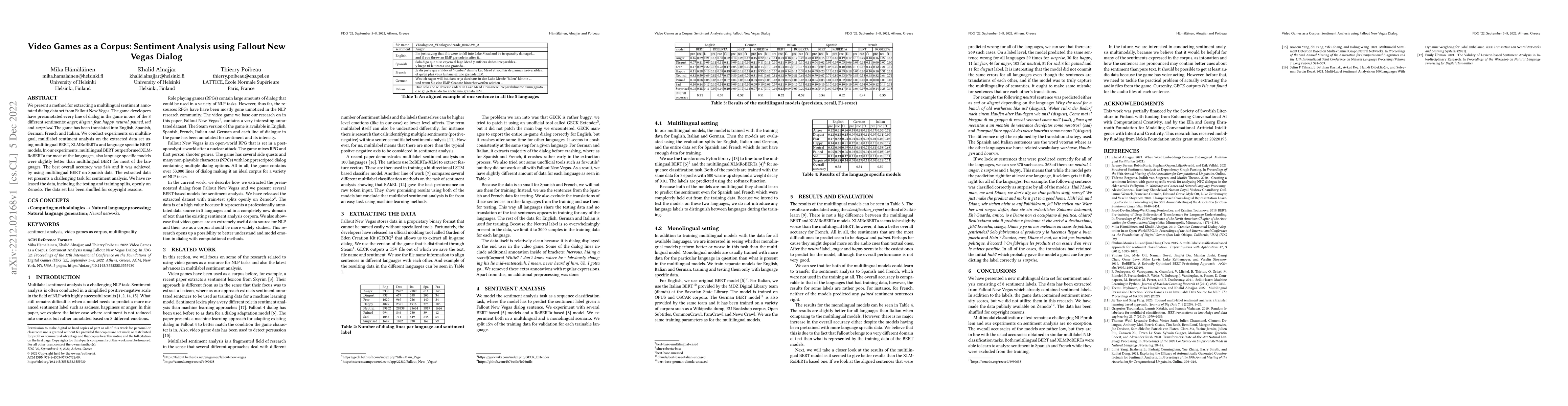 Thumbnail for Video Games as a Corpus: Sentiment Analysis using Fallout New Vegas
  Dialog