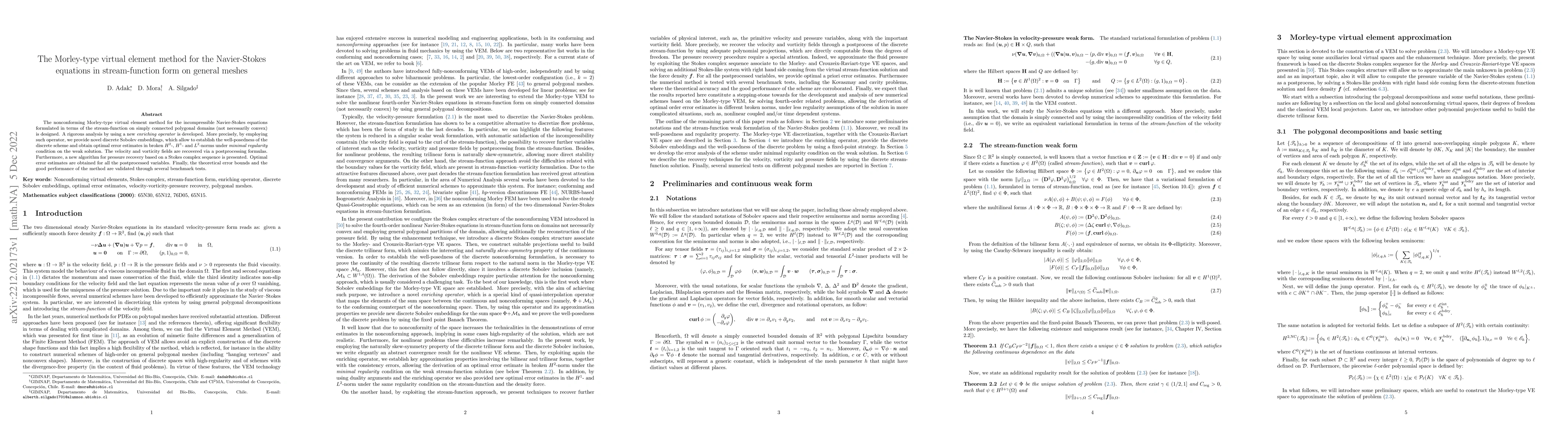 Thumbnail for The Morley-type virtual element method for the Navier-Stokes equations
  in stream-function form on general meshes