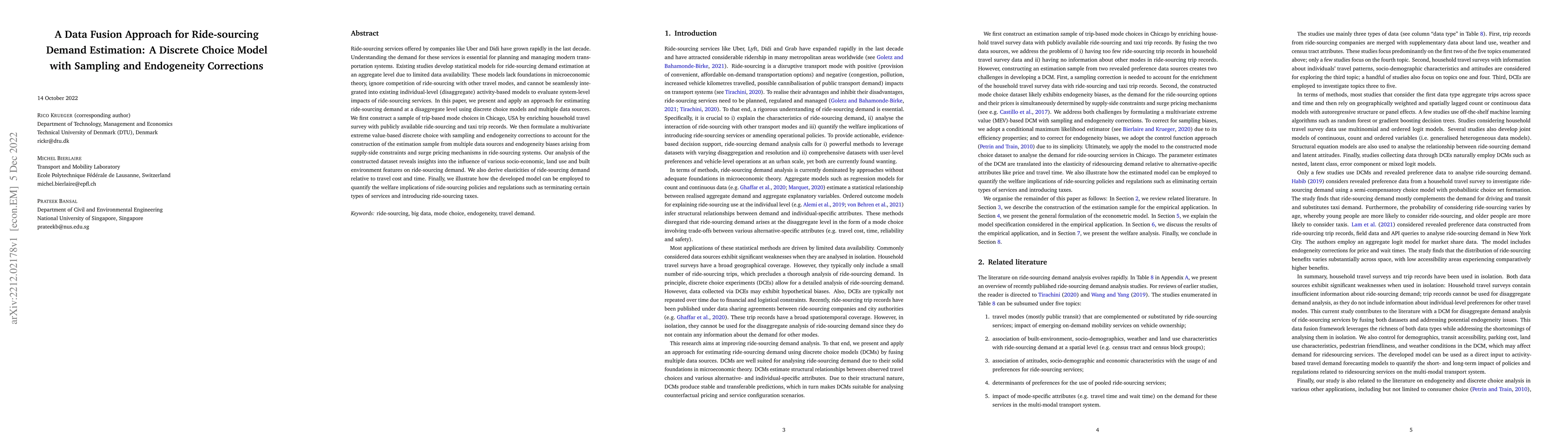 Thumbnail for A Data Fusion Approach for Ride-sourcing Demand Estimation: A Discrete
  Choice Model with Sampling and Endogeneity Corrections