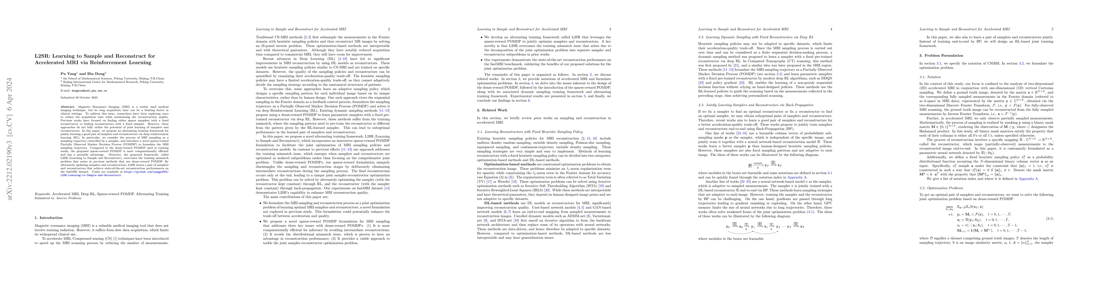 Thumbnail for L2SR: Learning to Sample and Reconstruct for Accelerated MRI via
  Reinforcement Learning