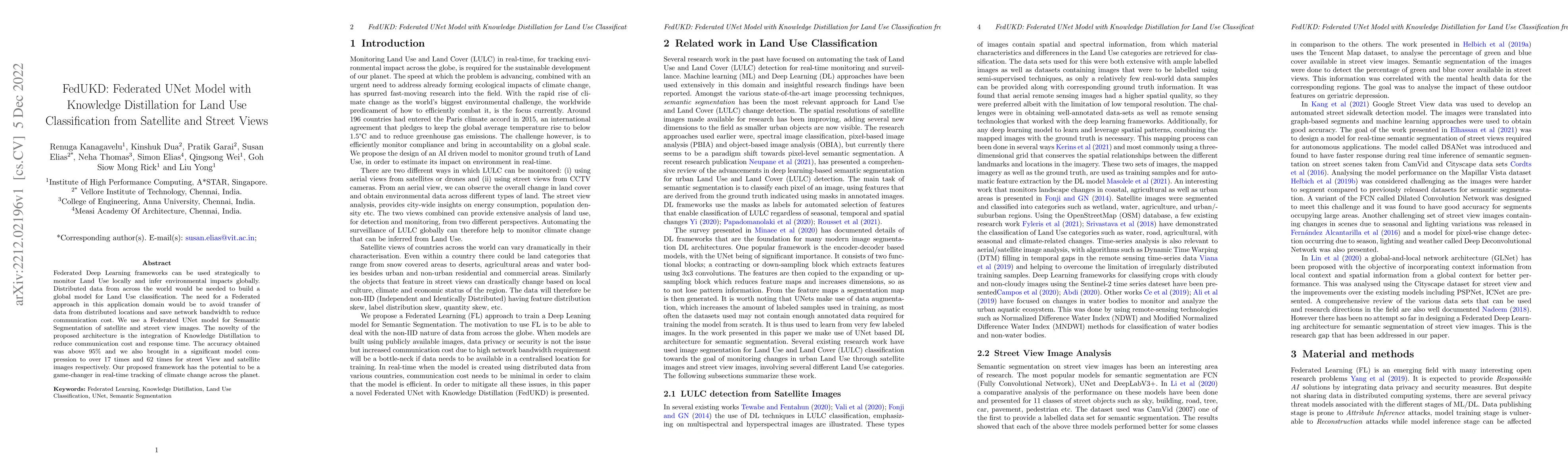 Thumbnail for FedUKD: Federated UNet Model with Knowledge Distillation for Land Use
  Classification from Satellite and Street Views