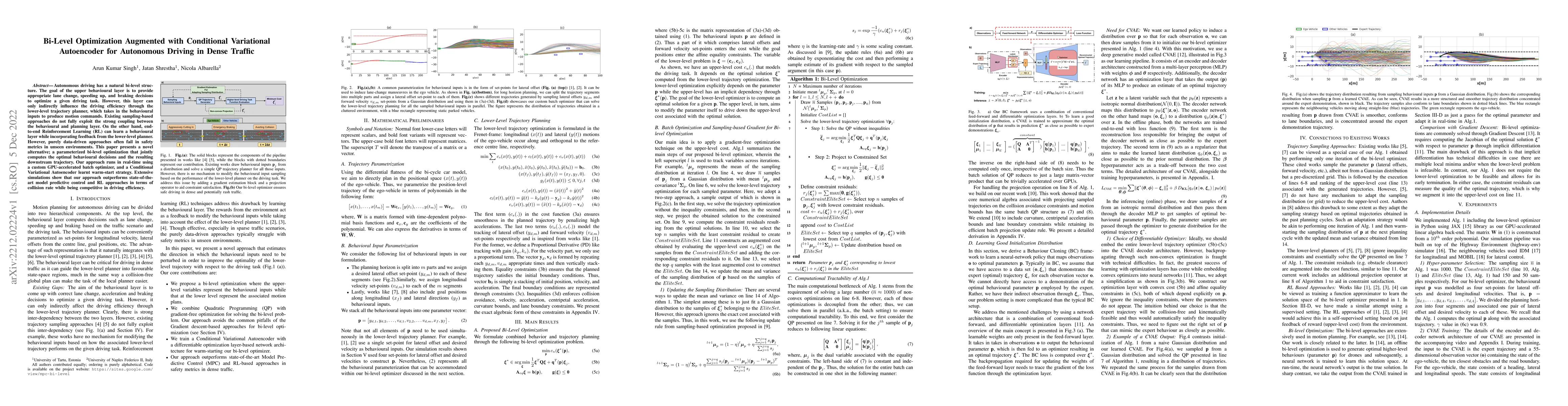 Thumbnail for Bi-Level Optimization Augmented with Conditional Variational Autoencoder
  for Autonomous Driving in Dense Traffic