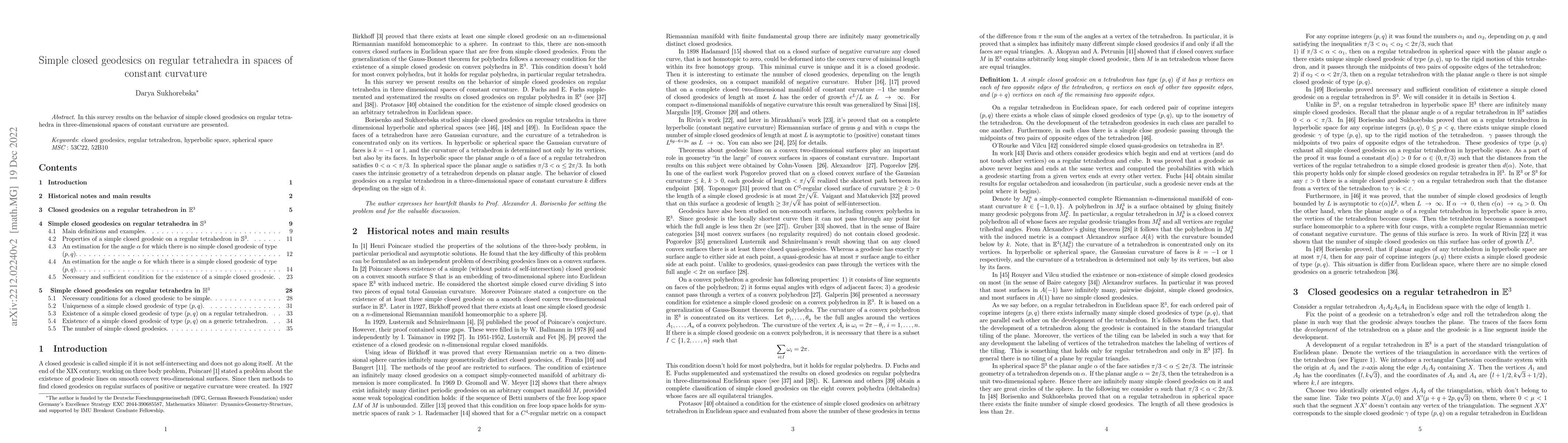 Thumbnail for Simple closed geodesics on regular tetrahedra in spaces of constant
  curvature